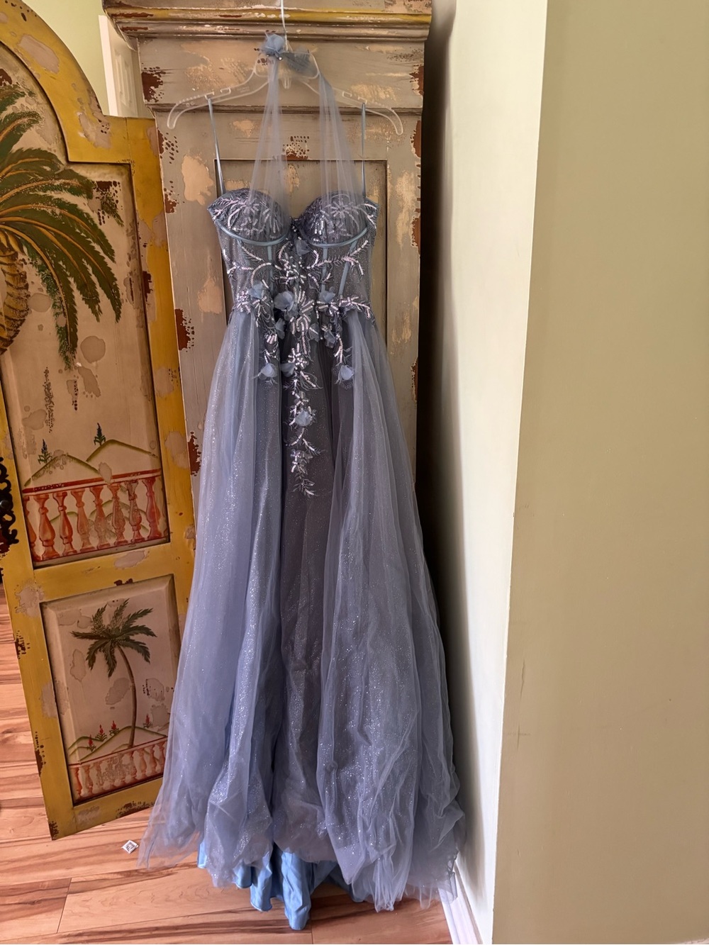 Girls' Sparkle Tulle Prom Dress with Floral Embroidery - Light Blue